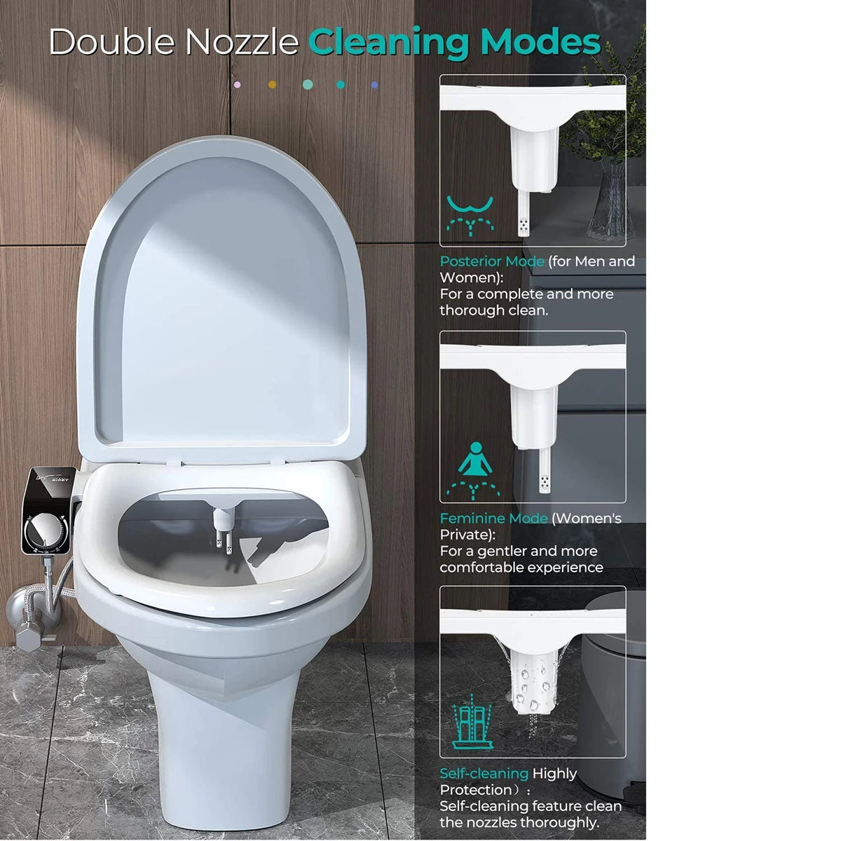 AquaLux Comfort Bidet – Non-Electric Dual Nozzle Attachment with Hot & Cold Water