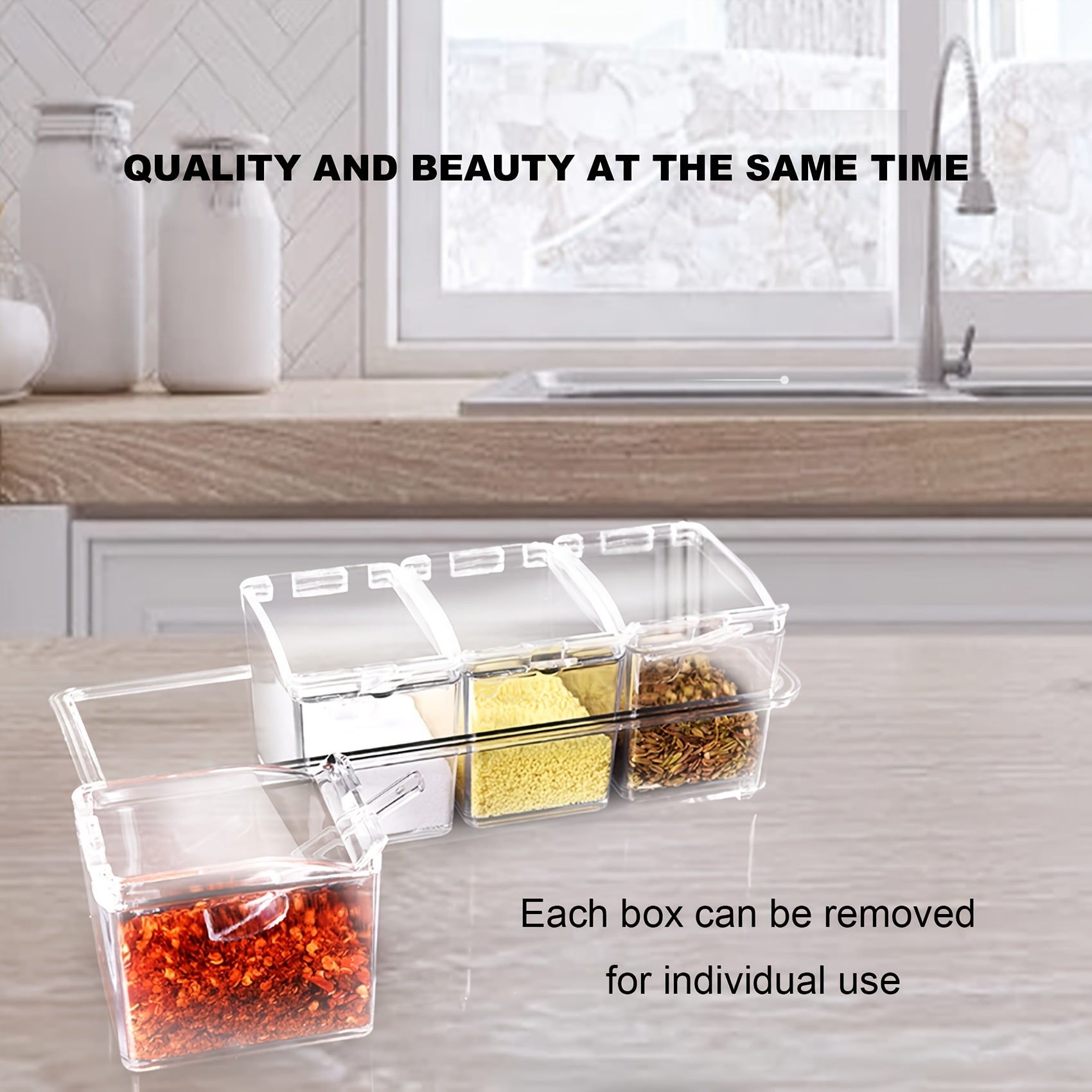CrystalClear Seasoning Box Set — 4-Piece Spice Storage Containers with Spoons & Rack