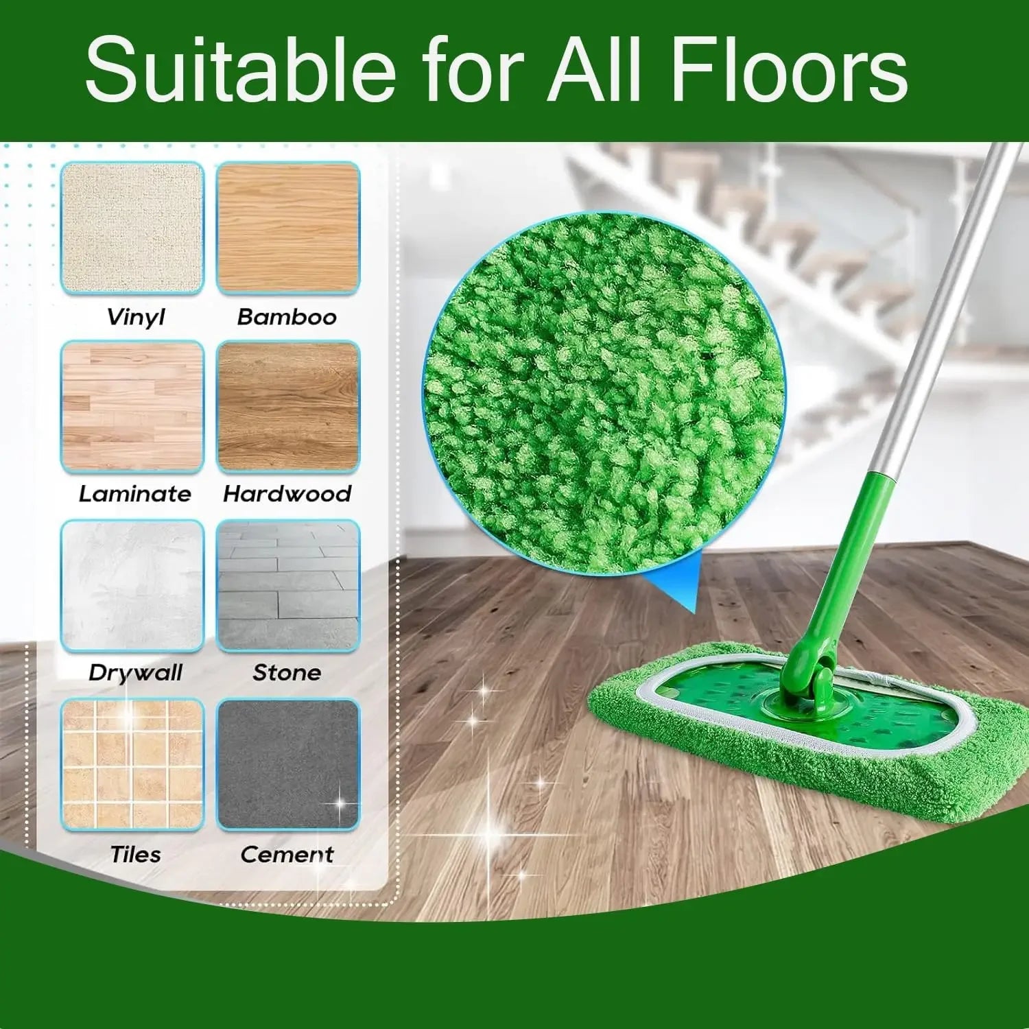 GreenClean Reusable Microfiber Mop Pads — Wet & Dry Sweeper Cloths for Flooring & Furniture