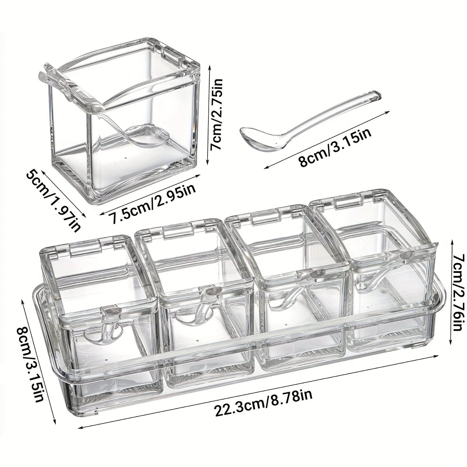 CrystalClear Seasoning Box Set — 4-Piece Spice Storage Containers with Spoons & Rack