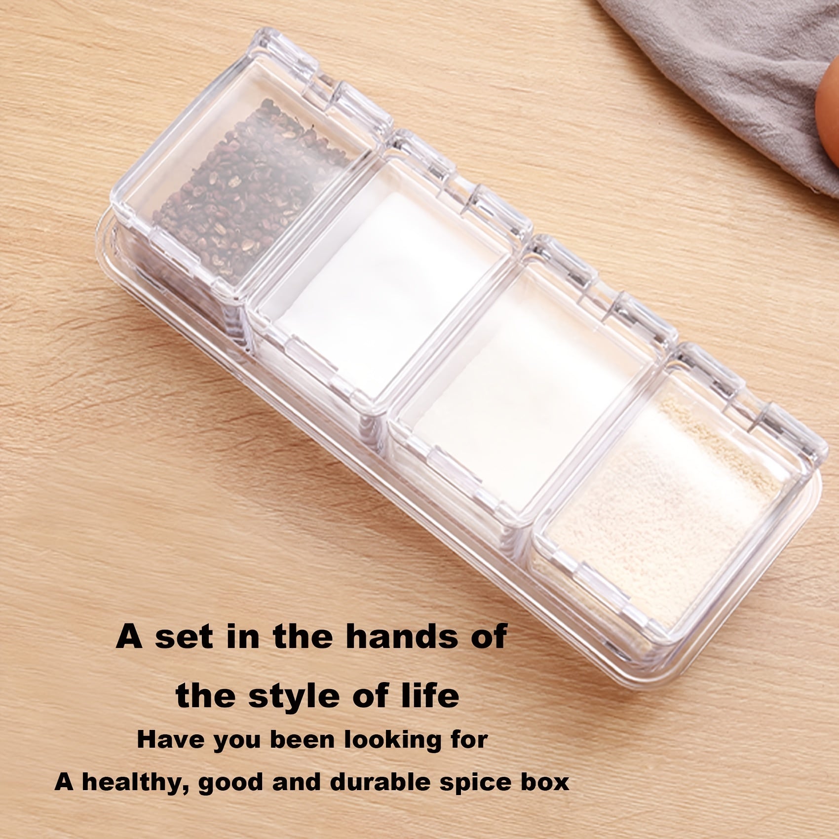 CrystalClear Seasoning Box Set — 4-Piece Spice Storage Containers with Spoons & Rack