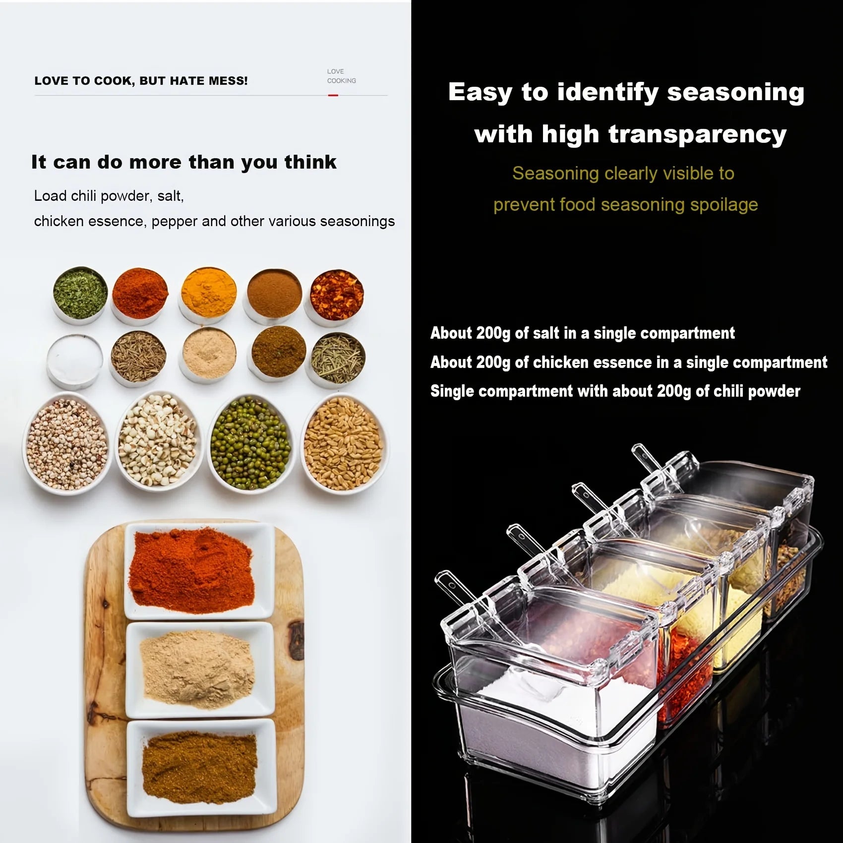 CrystalClear Seasoning Box Set — 4-Piece Spice Storage Containers with Spoons & Rack