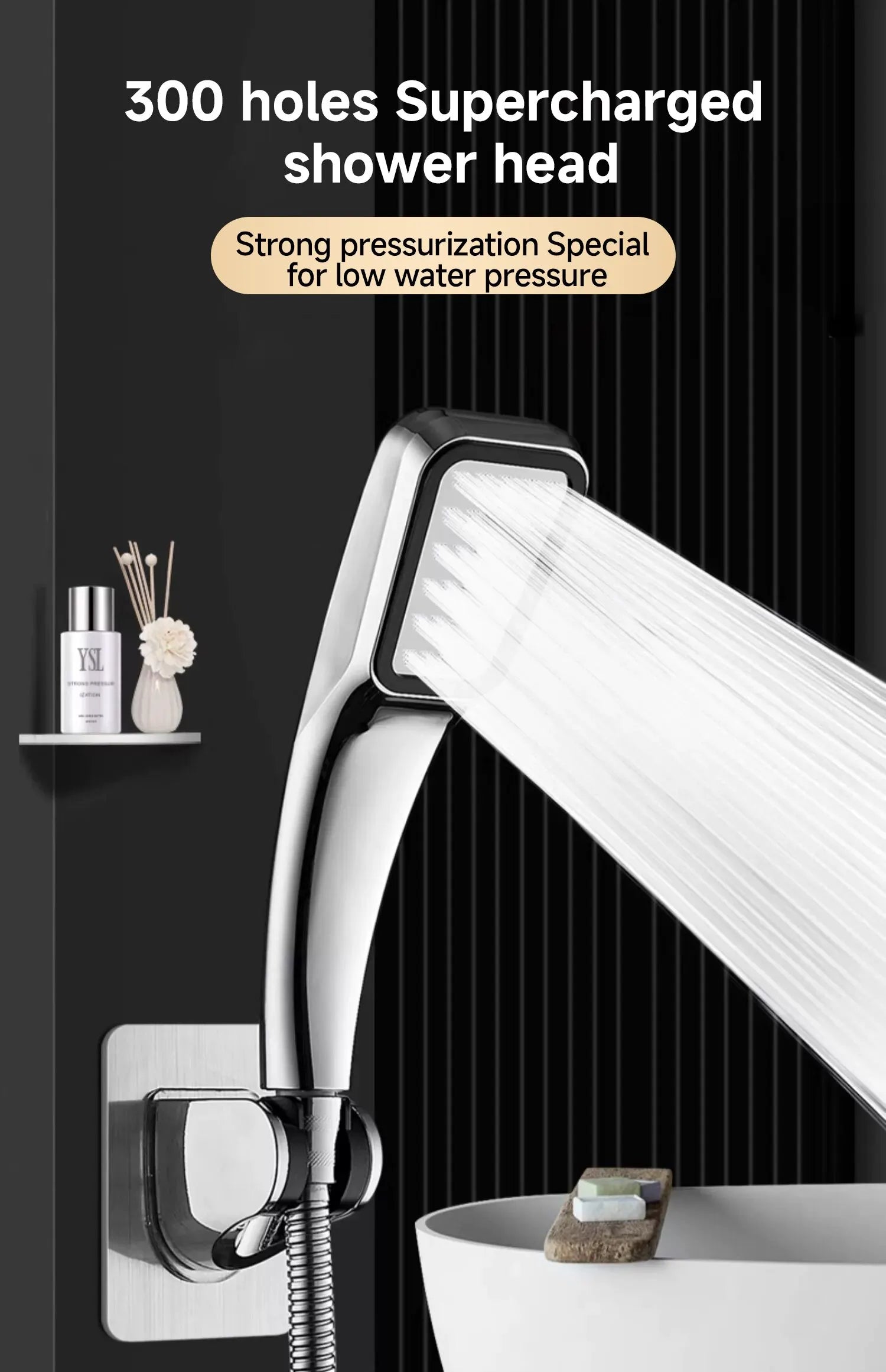 RainSpa 300-Jet Pressurized Showerhead — Water-Saving Rainfall Experience