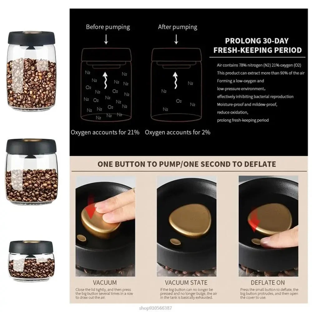 FreshVault Vacuum Sealed Coffee Canister — Airtight Glass Storage Jar for Coffee Beans & Dry Foods