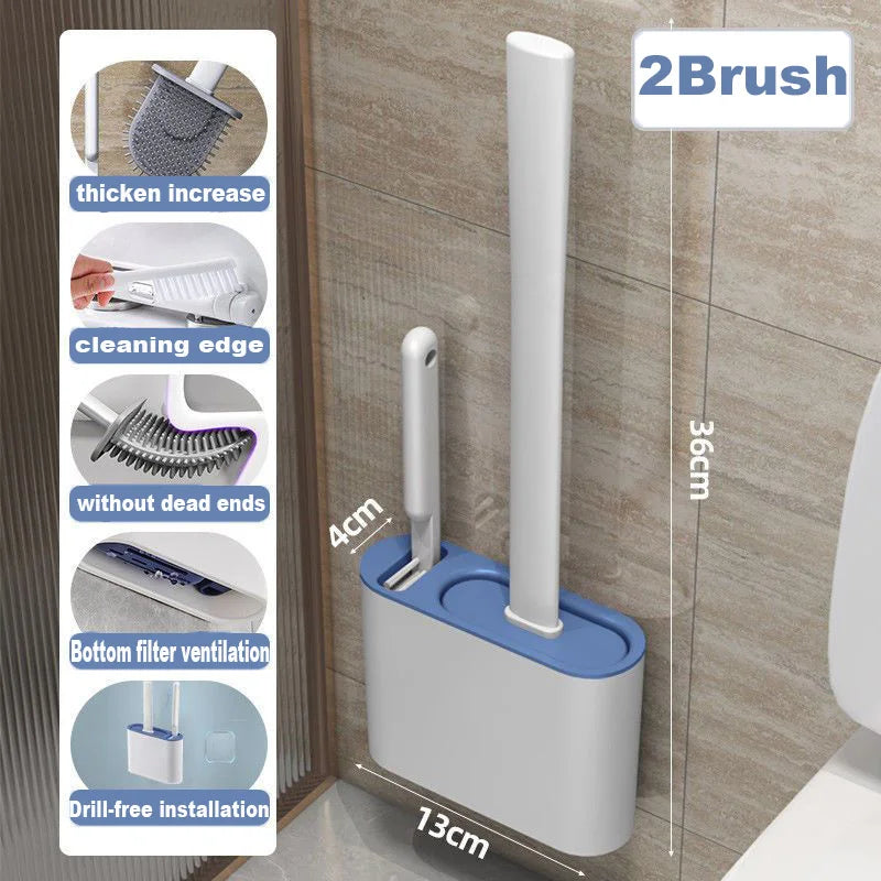 CleanEdge Wall-Mounted Silicone Toilet Brush — Long Handle with Holder
