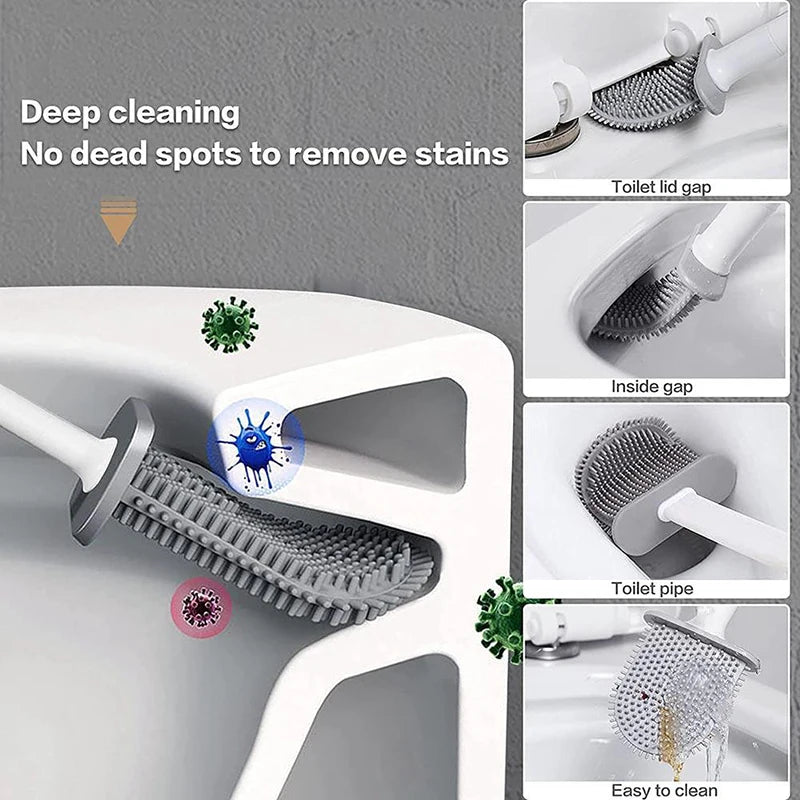 CleanEdge Wall-Mounted Silicone Toilet Brush — Long Handle with Holder