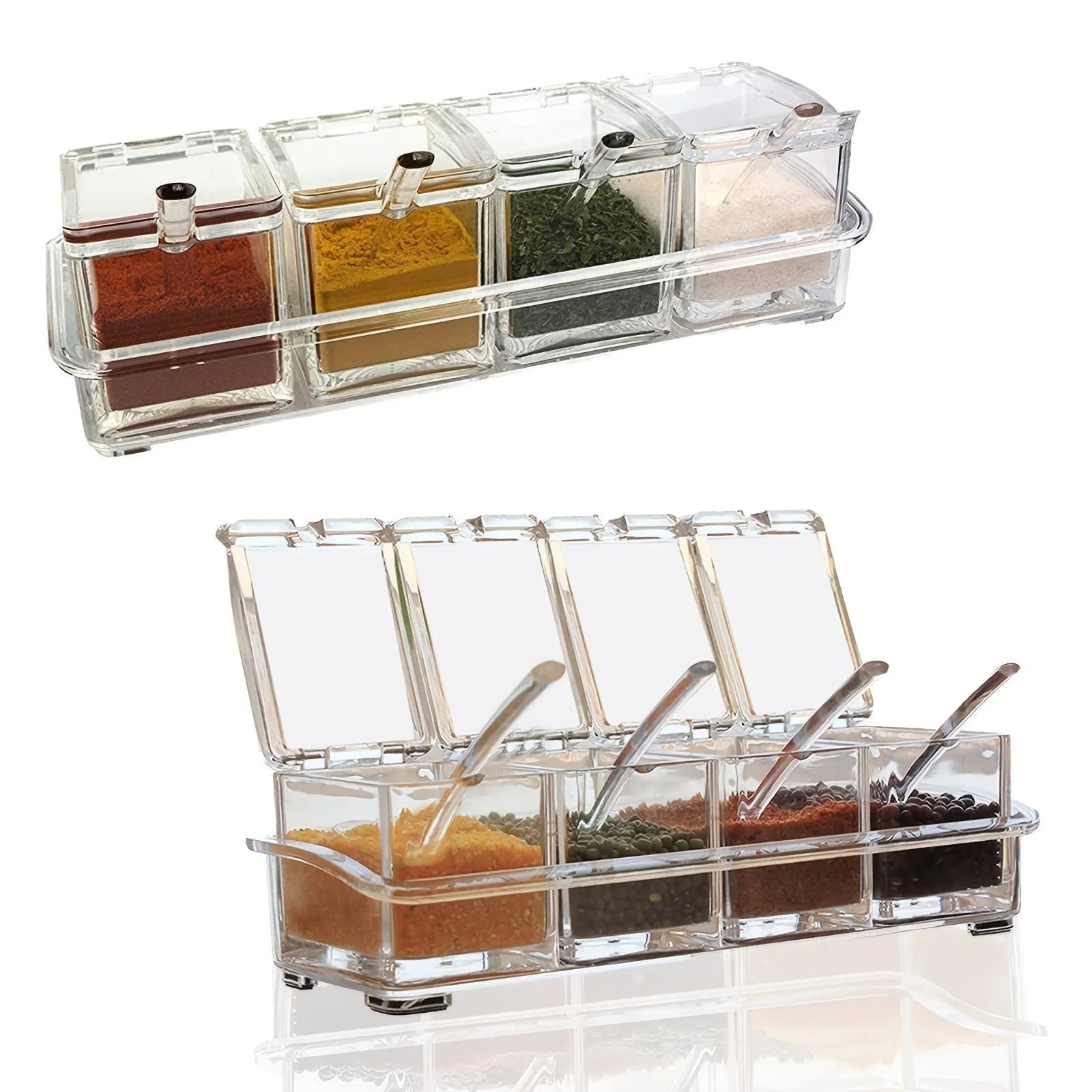 CrystalClear Seasoning Box Set — 4-Piece Spice Storage Containers with Spoons & Rack