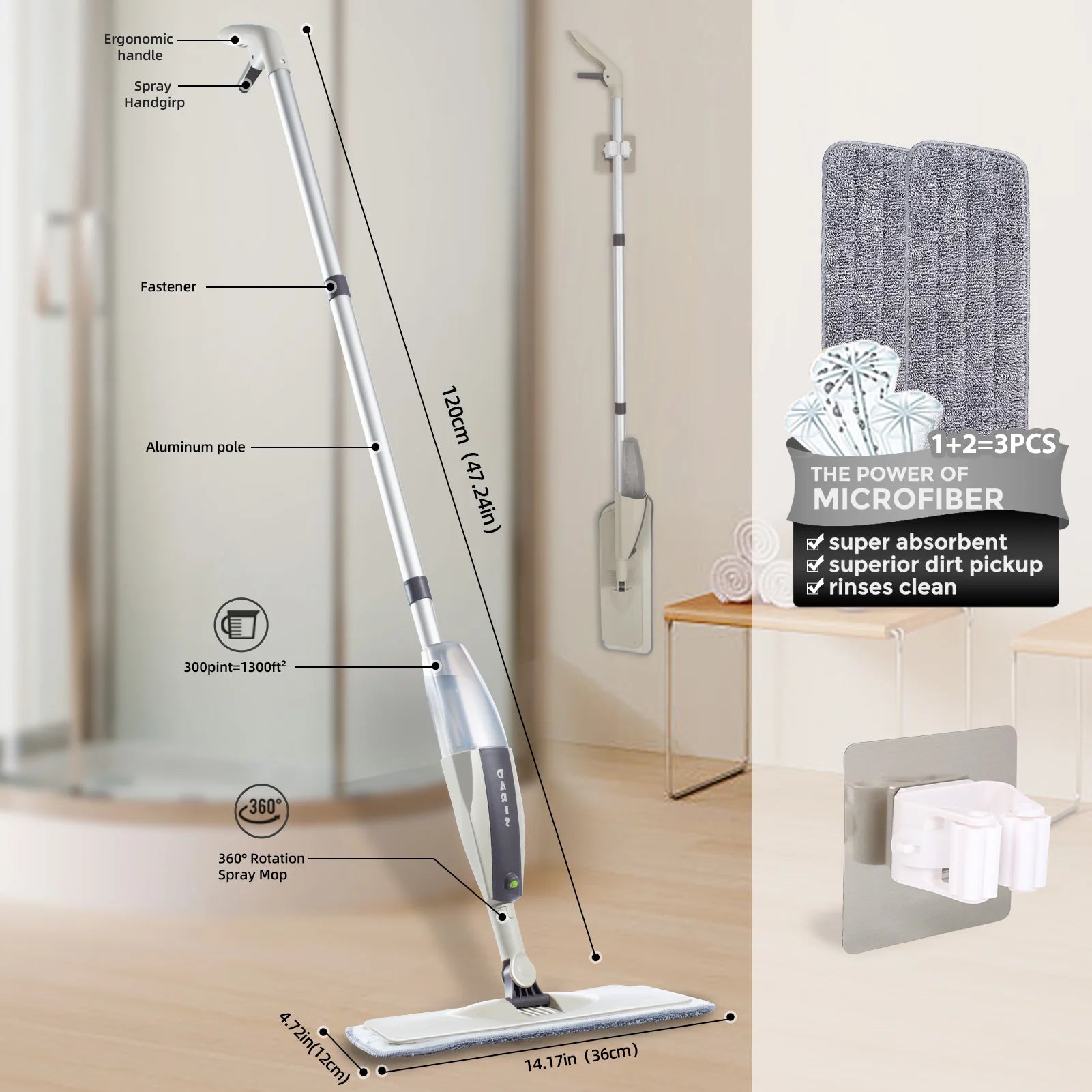 MagicMop Spray Mop Set — Flat Rotating Mop with Reusable Microfiber Pads