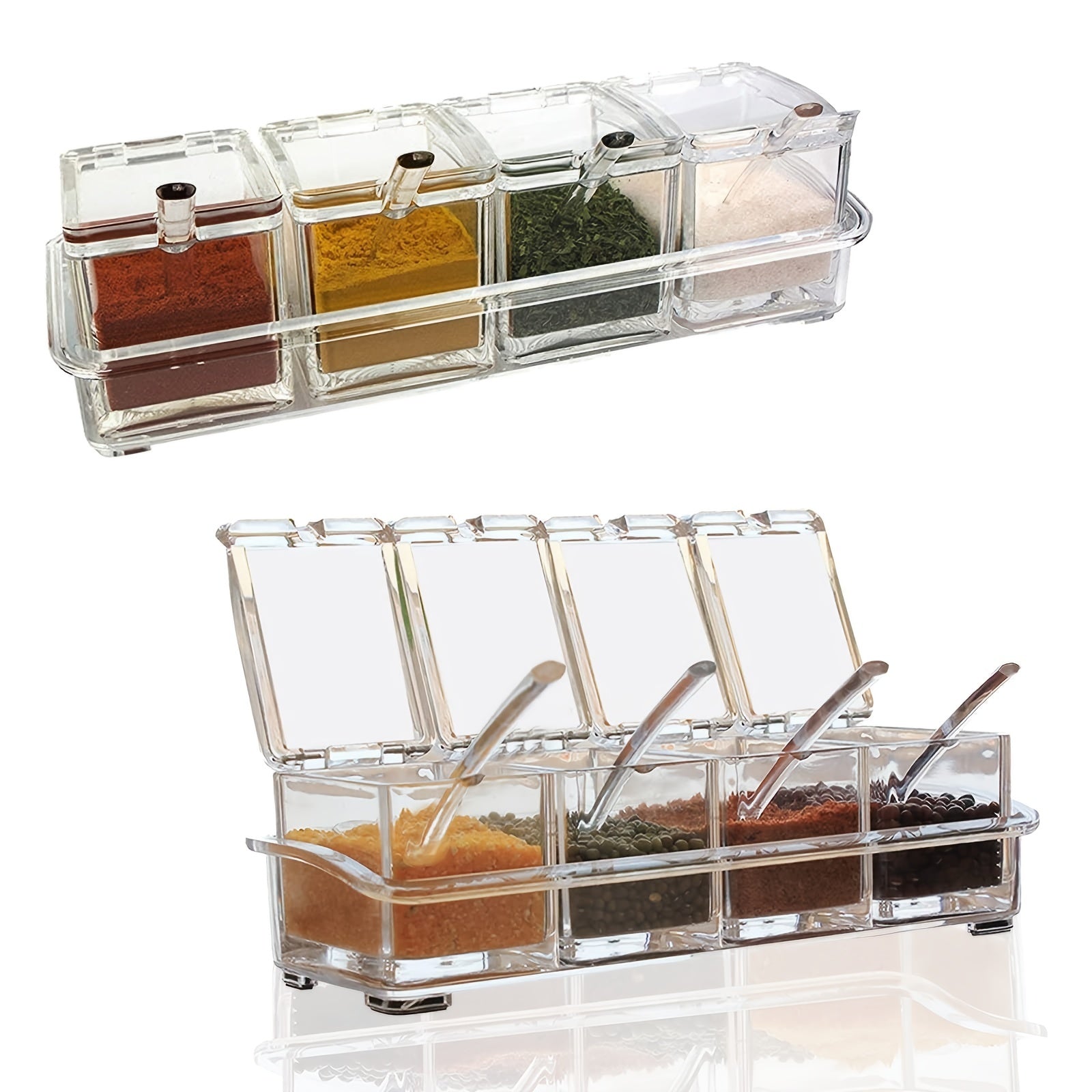 CrystalClear Seasoning Box Set — 4-Piece Spice Storage Containers with Spoons & Rack