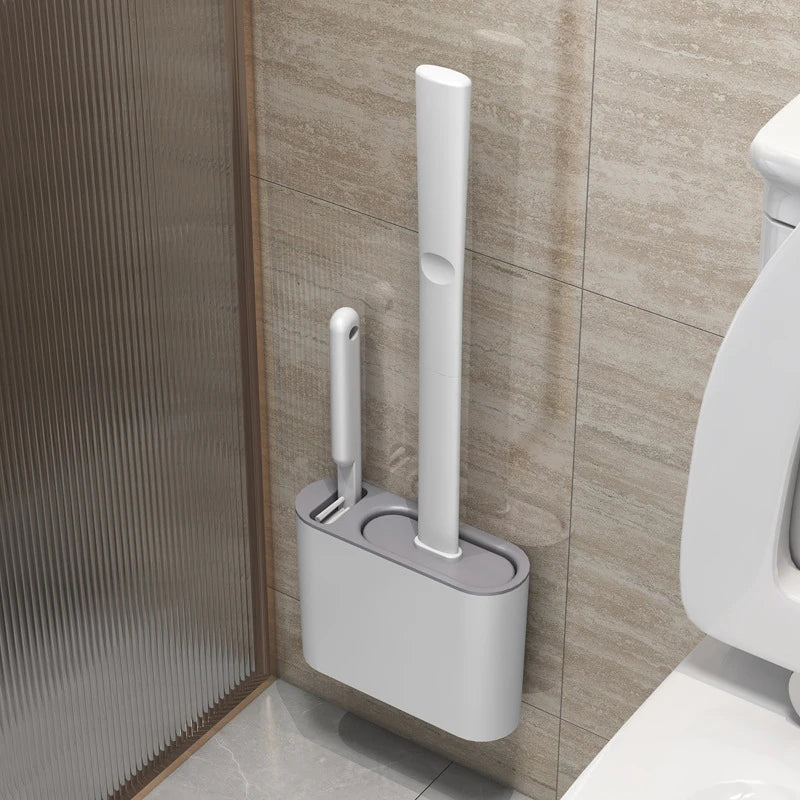 CleanEdge Wall-Mounted Silicone Toilet Brush — Long Handle with Holder