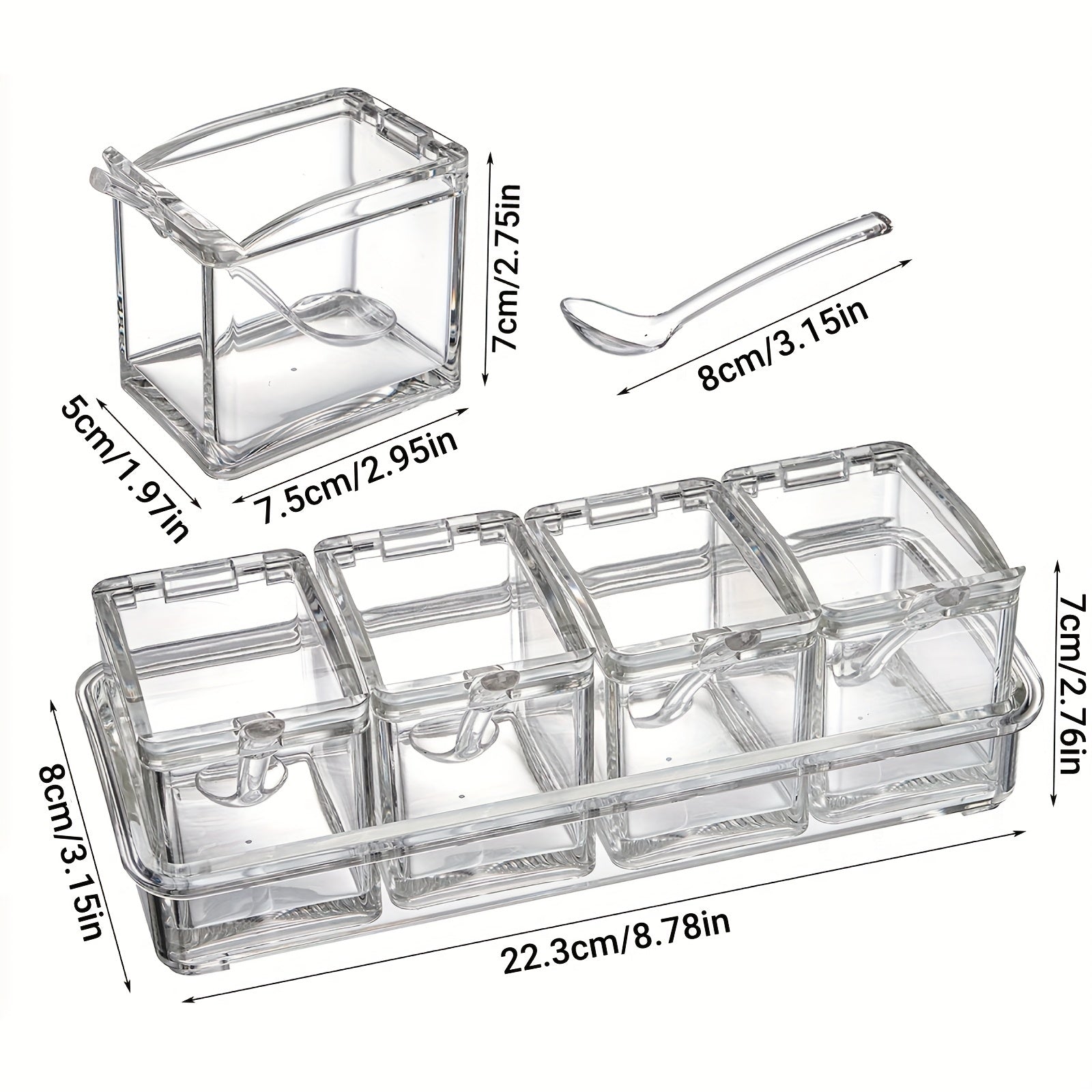 CrystalClear Seasoning Box Set — 4-Piece Spice Storage Containers with Spoons & Rack