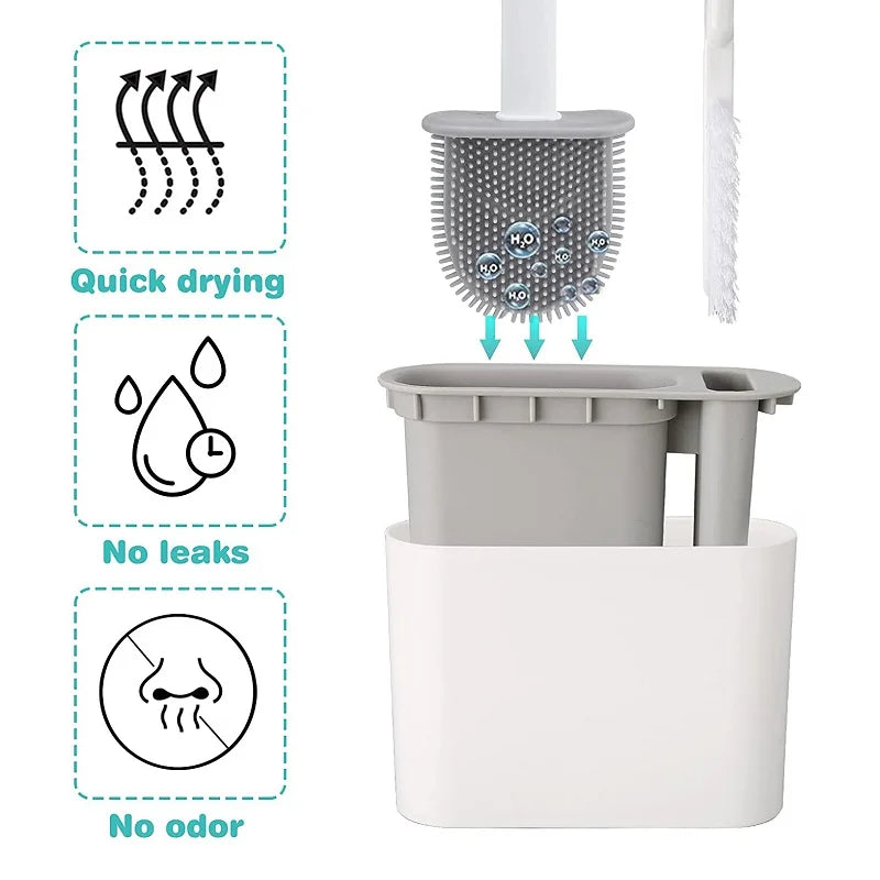 CleanEdge Wall-Mounted Silicone Toilet Brush — Long Handle with Holder
