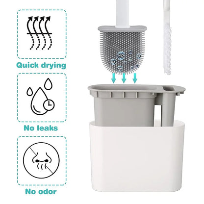 CleanEdge Wall-Mounted Silicone Toilet Brush — Long Handle with Holder