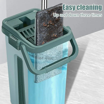 EasySqueeze Flat Mop &amp; Bucket Set — Hands-Free Wringing with Microfiber Pads