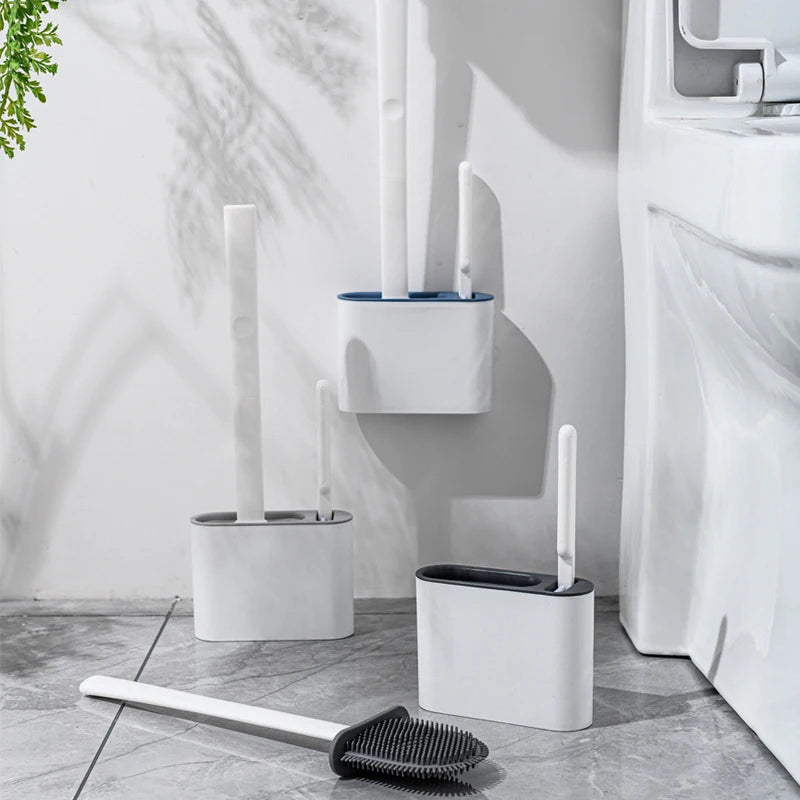 CleanEdge Wall-Mounted Silicone Toilet Brush — Long Handle with Holder