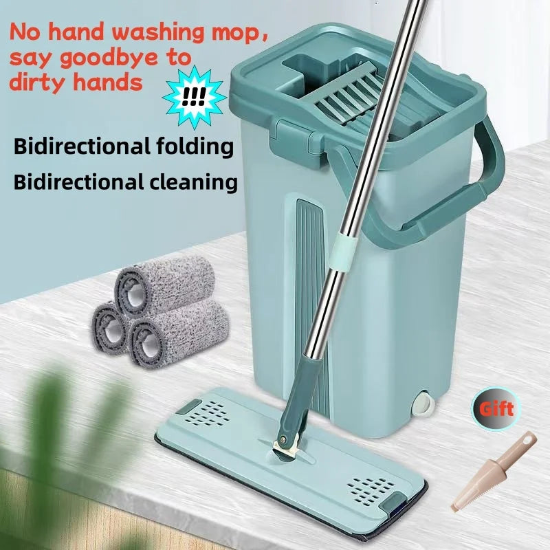 EasySqueeze Flat Mop &amp; Bucket Set — Hands-Free Wringing with Microfiber Pads