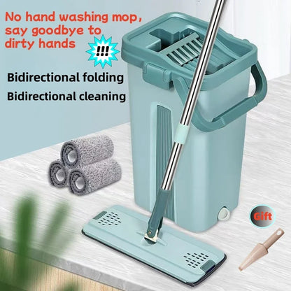 EasySqueeze Flat Mop &amp; Bucket Set — Hands-Free Wringing with Microfiber Pads
