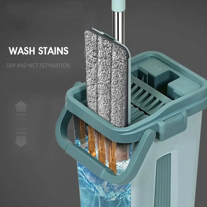 EasySqueeze Flat Mop &amp; Bucket Set — Hands-Free Wringing with Microfiber Pads