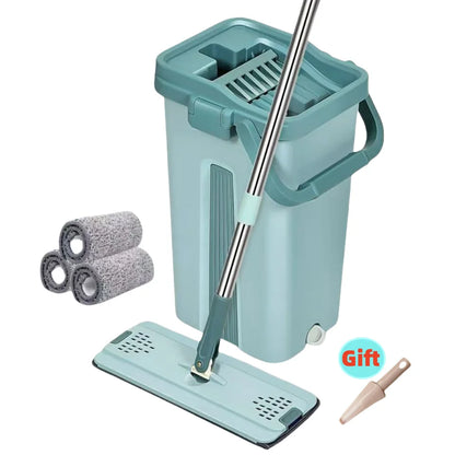 EasySqueeze Flat Mop &amp; Bucket Set — Hands-Free Wringing with Microfiber Pads