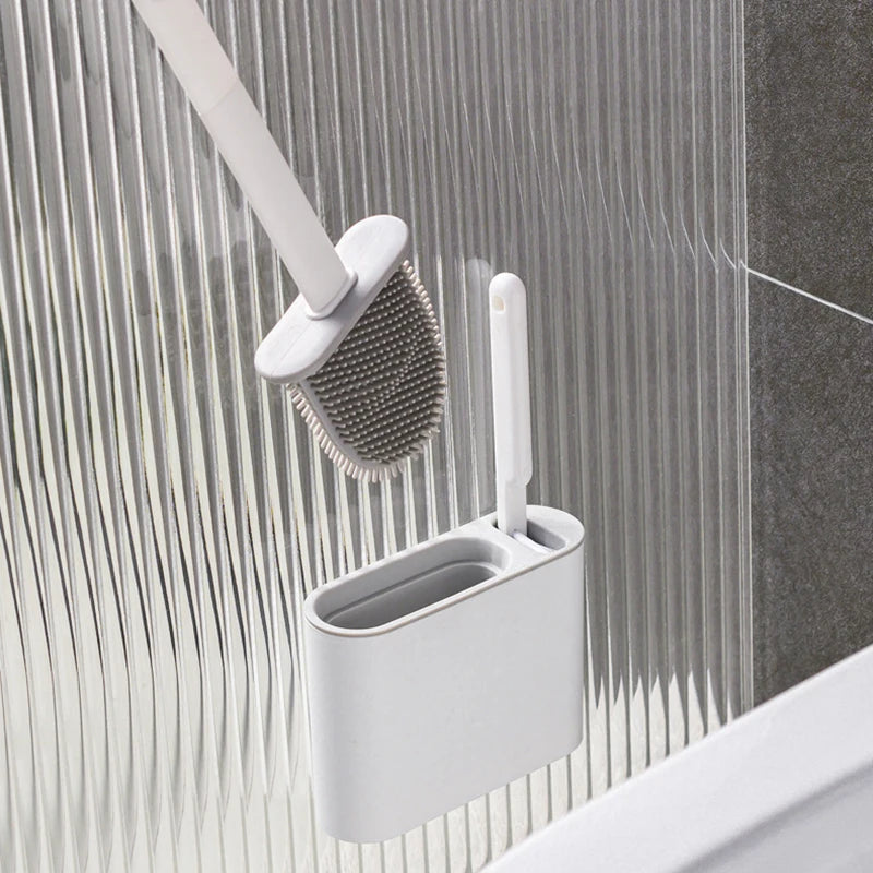 CleanEdge Wall-Mounted Silicone Toilet Brush — Long Handle with Holder