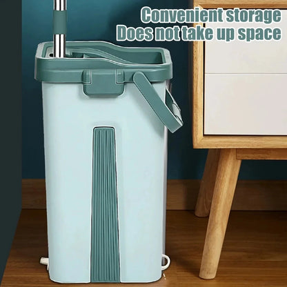 EasySqueeze Flat Mop &amp; Bucket Set — Hands-Free Wringing with Microfiber Pads